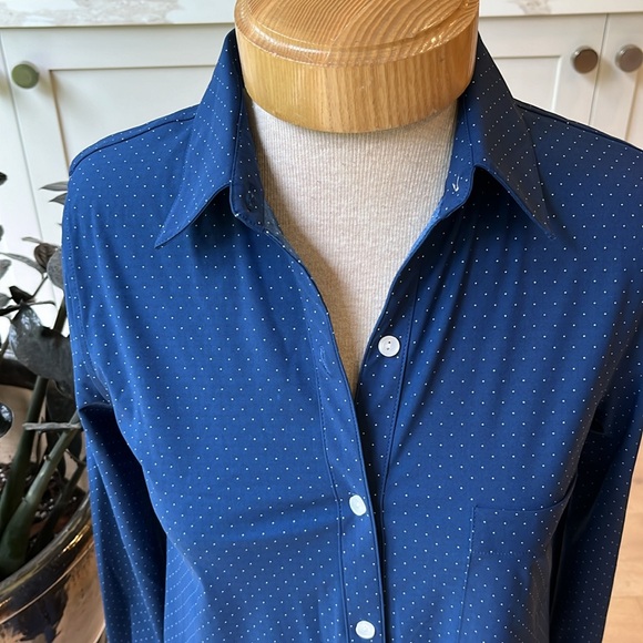 NWT Lysse Schiffer pindot tunic length button front blue shirt - Picture 2 of 11